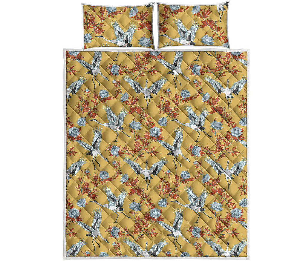 White Japanese Cranes Pattern Print Quilt Bed Set