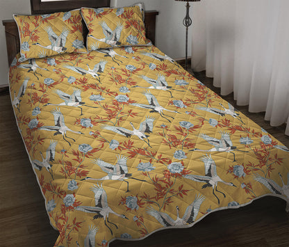 White Japanese Cranes Pattern Print Quilt Bed Set