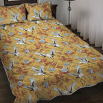 White Japanese Cranes Pattern Print Quilt Bed Set