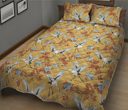 White Japanese Cranes Pattern Print Quilt Bed Set