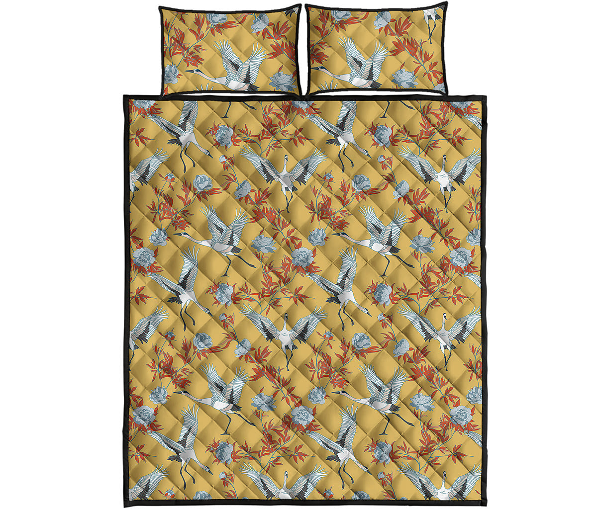 White Japanese Cranes Pattern Print Quilt Bed Set
