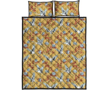 White Japanese Cranes Pattern Print Quilt Bed Set