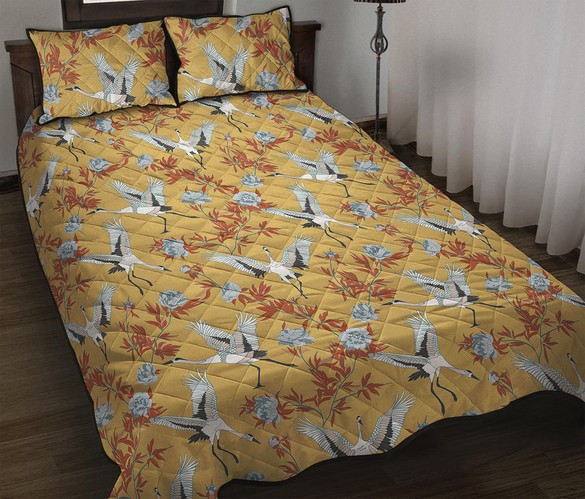 White Japanese Cranes Pattern Print Quilt Bed Set