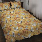 White Japanese Cranes Pattern Print Quilt Bed Set