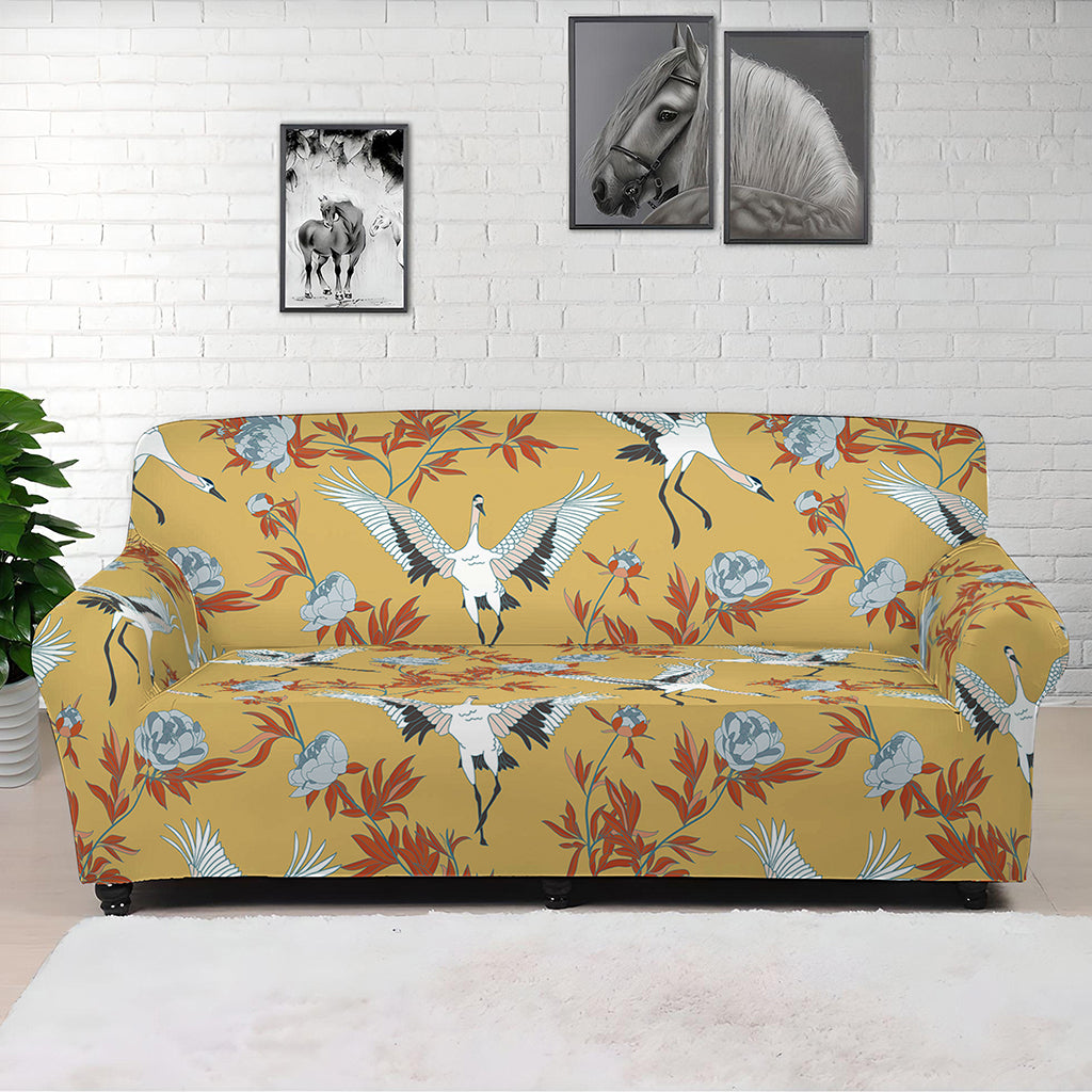 White Japanese Cranes Pattern Print Sofa Cover