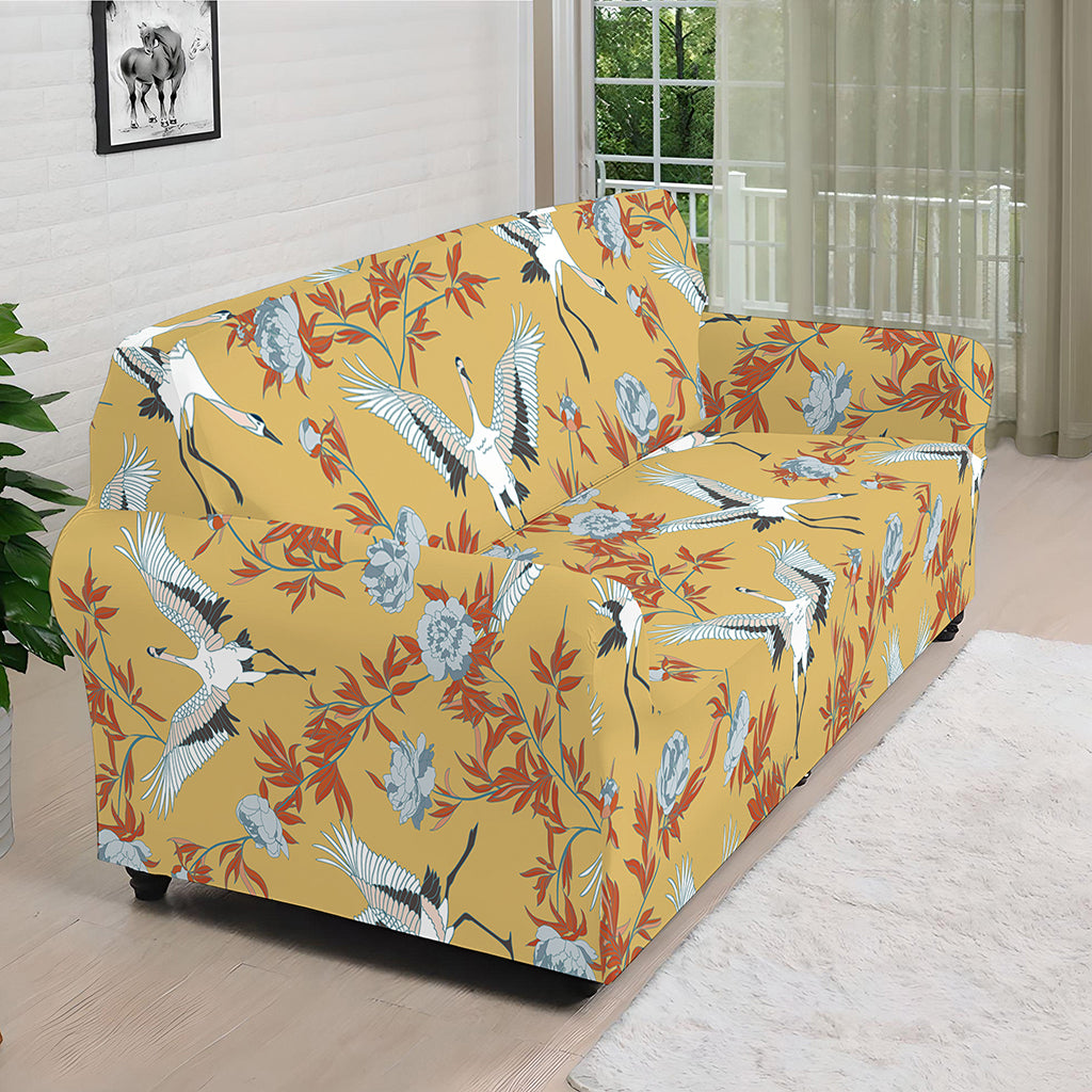 White Japanese Cranes Pattern Print Sofa Cover