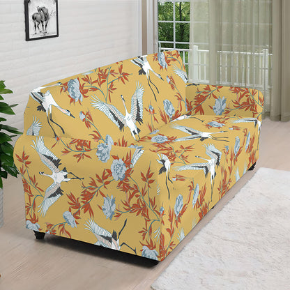 White Japanese Cranes Pattern Print Sofa Cover
