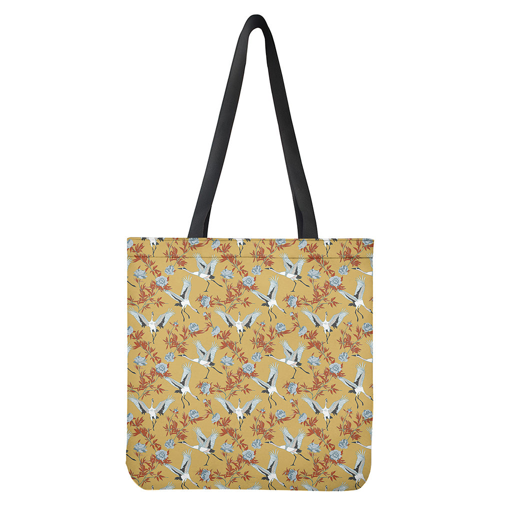 White Japanese Cranes Pattern Print Tote Bag