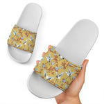 White Japanese Cranes Pattern Print White Slide Sandals