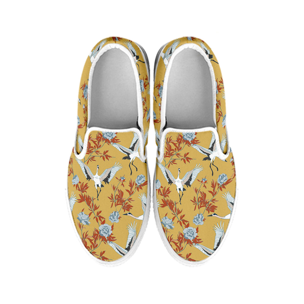 White Japanese Cranes Pattern Print White Slip On Shoes
