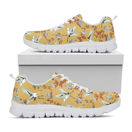 White Japanese Cranes Pattern Print White Sneakers