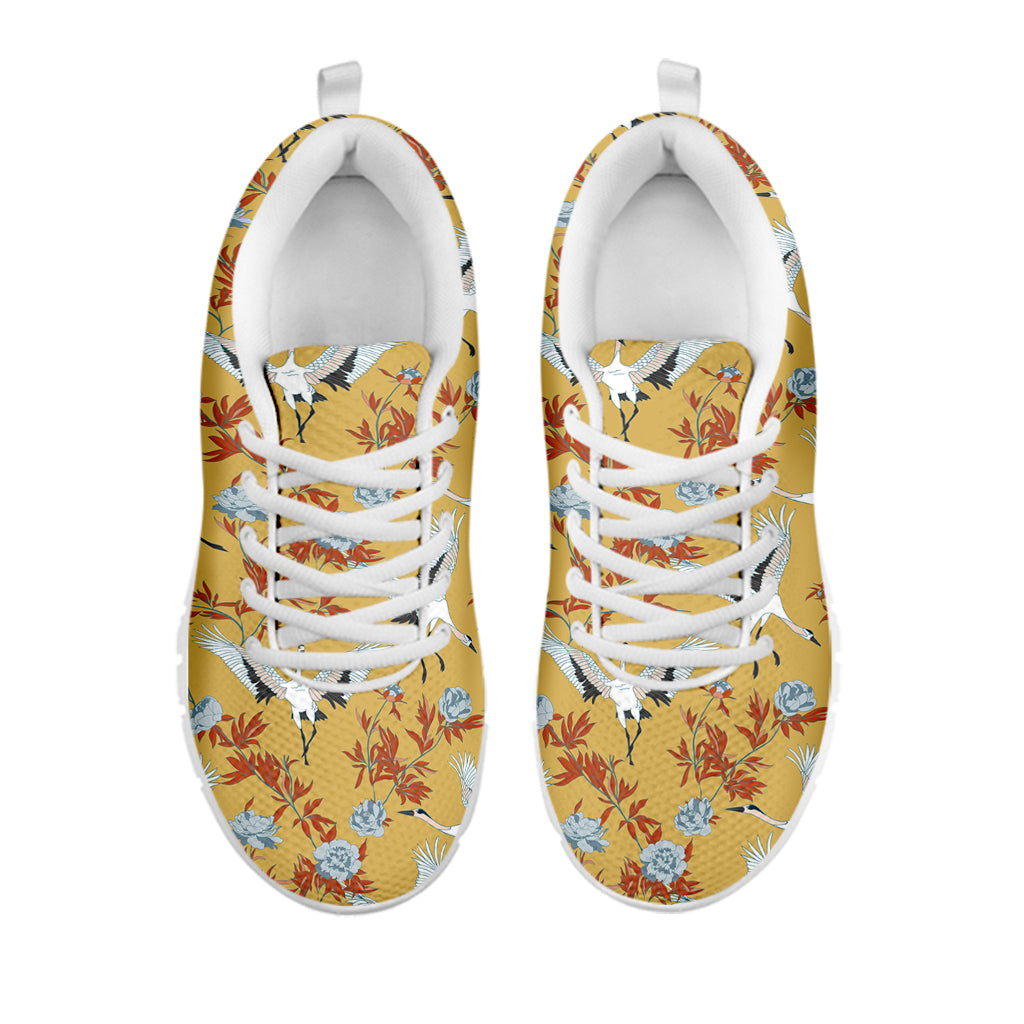 White Japanese Cranes Pattern Print White Sneakers