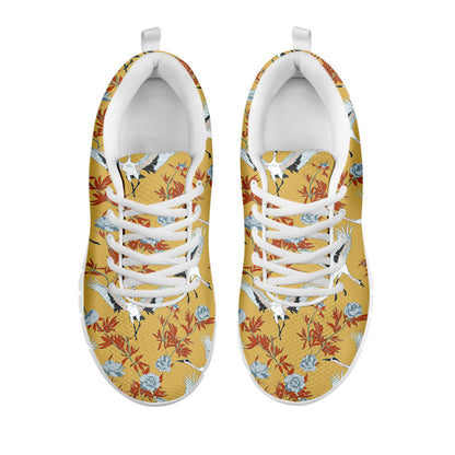 White Japanese Cranes Pattern Print White Sneakers