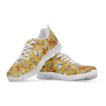 White Japanese Cranes Pattern Print White Sneakers