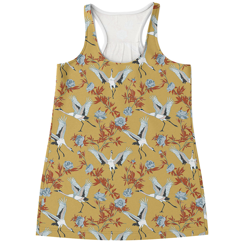 White Japanese Cranes Pattern Print Women's Racerback Tank Top