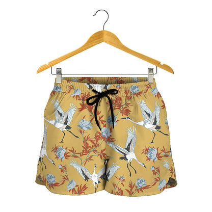 White Japanese Cranes Pattern Print Women's Shorts