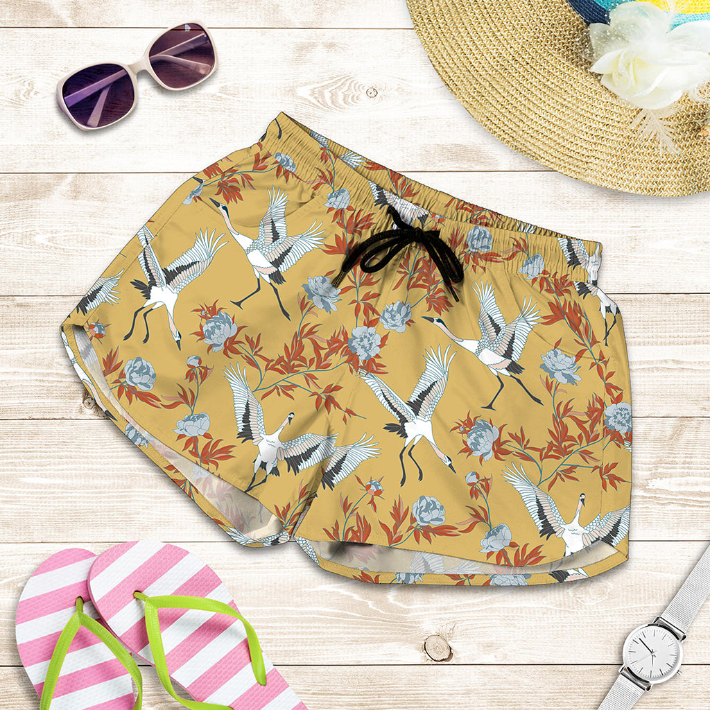 White Japanese Cranes Pattern Print Women's Shorts