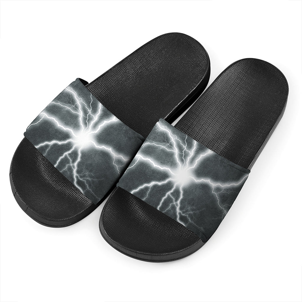 White Lightning Print Black Slide Sandals