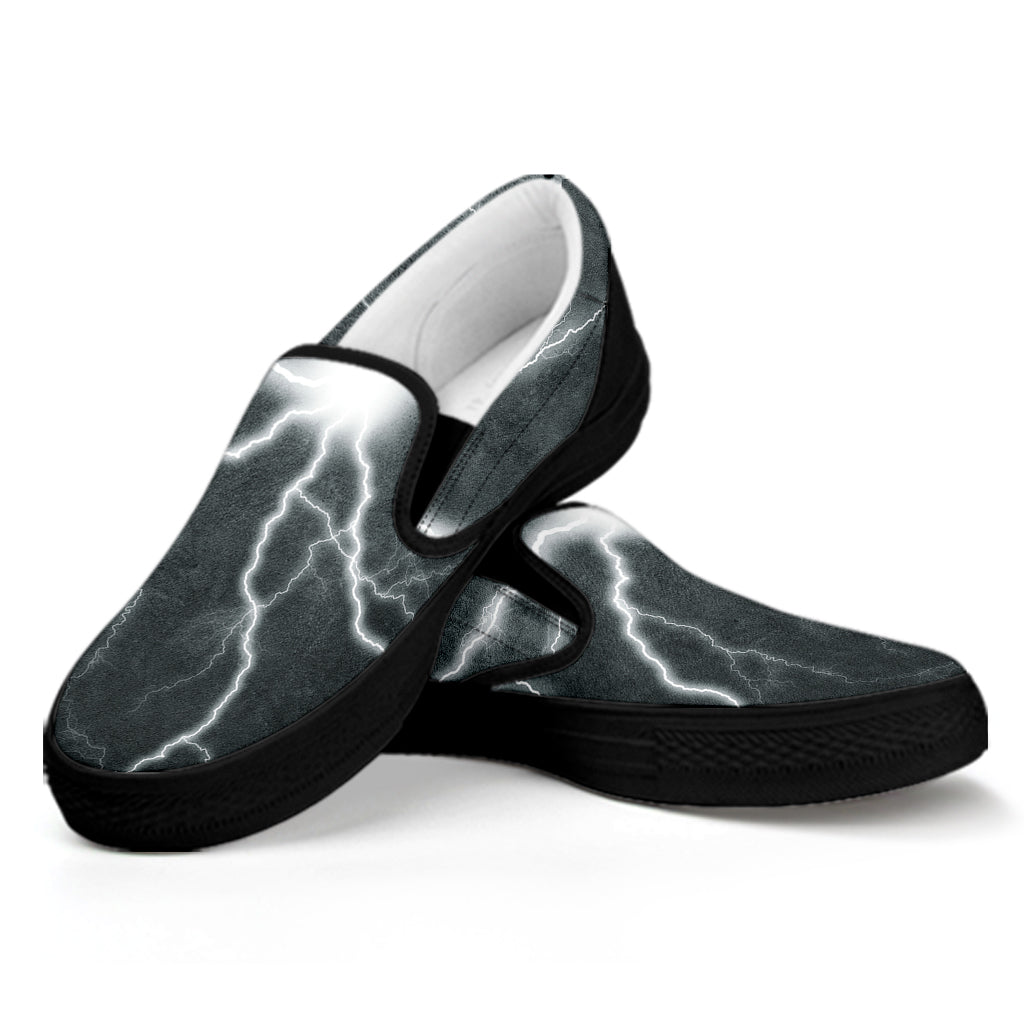 White Lightning Print Black Slip On Shoes
