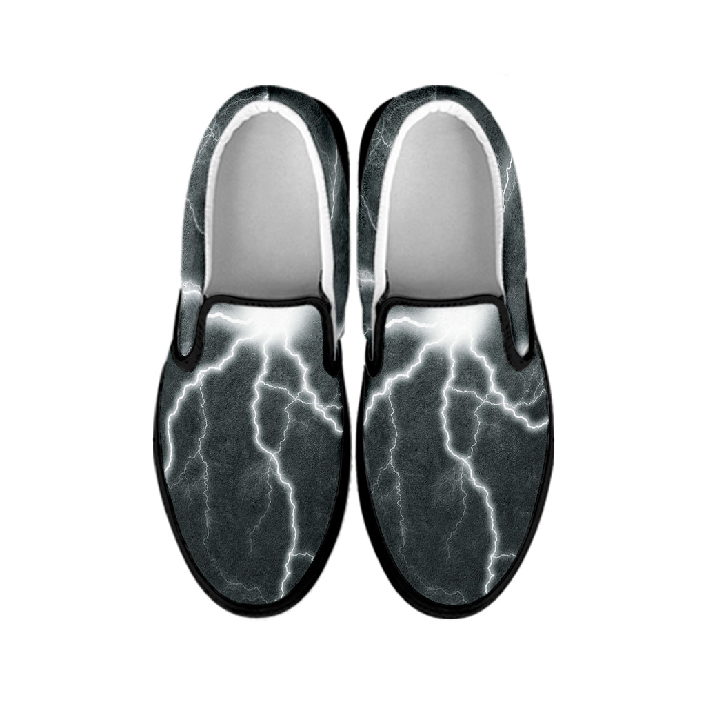 White Lightning Print Black Slip On Shoes