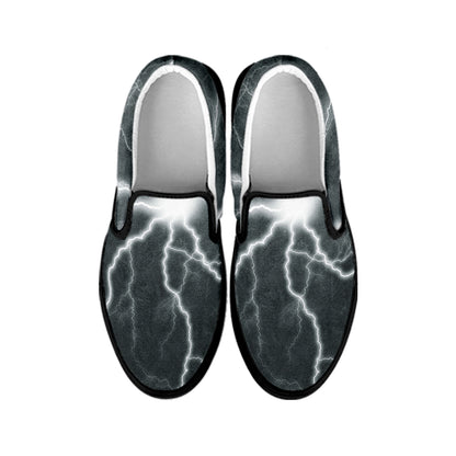 White Lightning Print Black Slip On Shoes