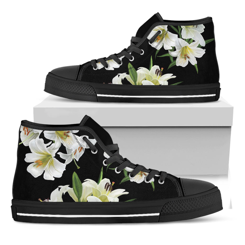 White Lily Print Black High Top Shoes