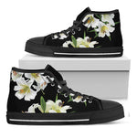 White Lily Print Black High Top Shoes