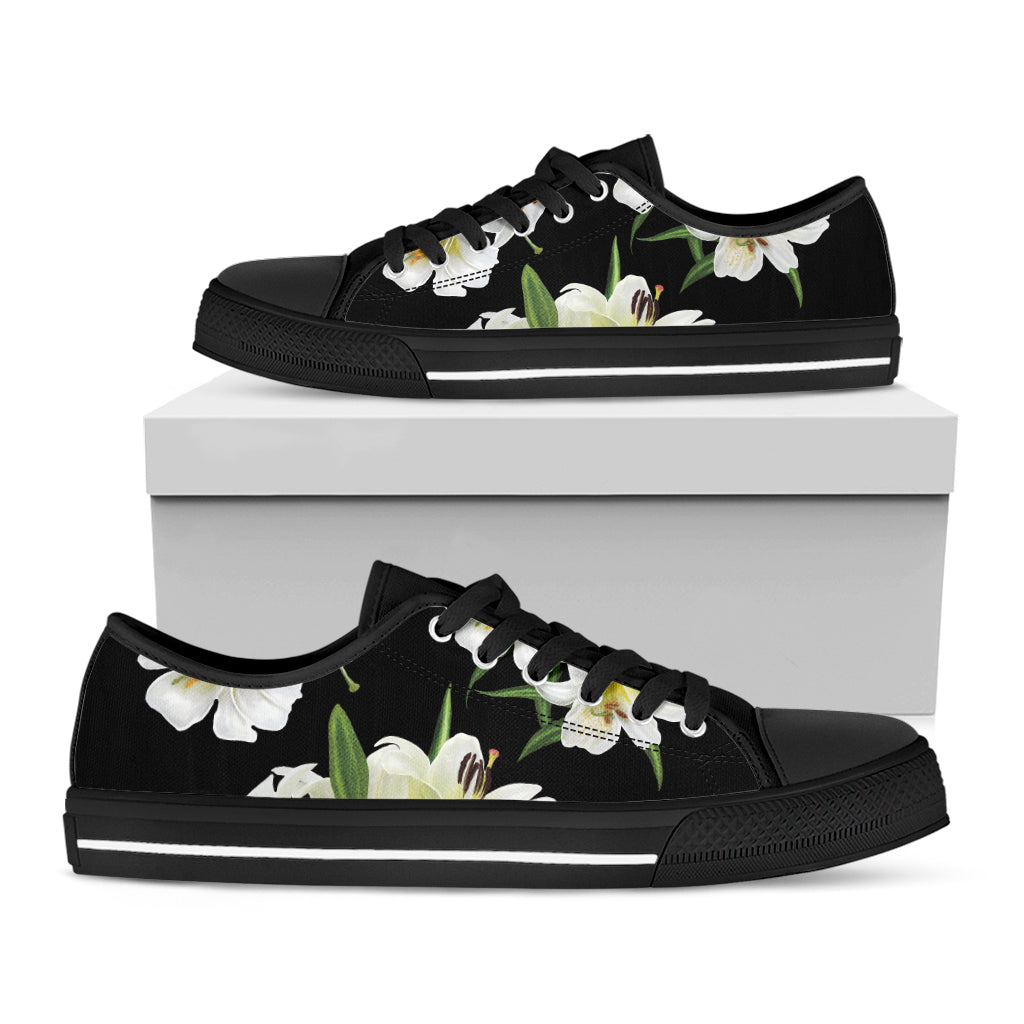 White Lily Print Black Low Top Shoes 