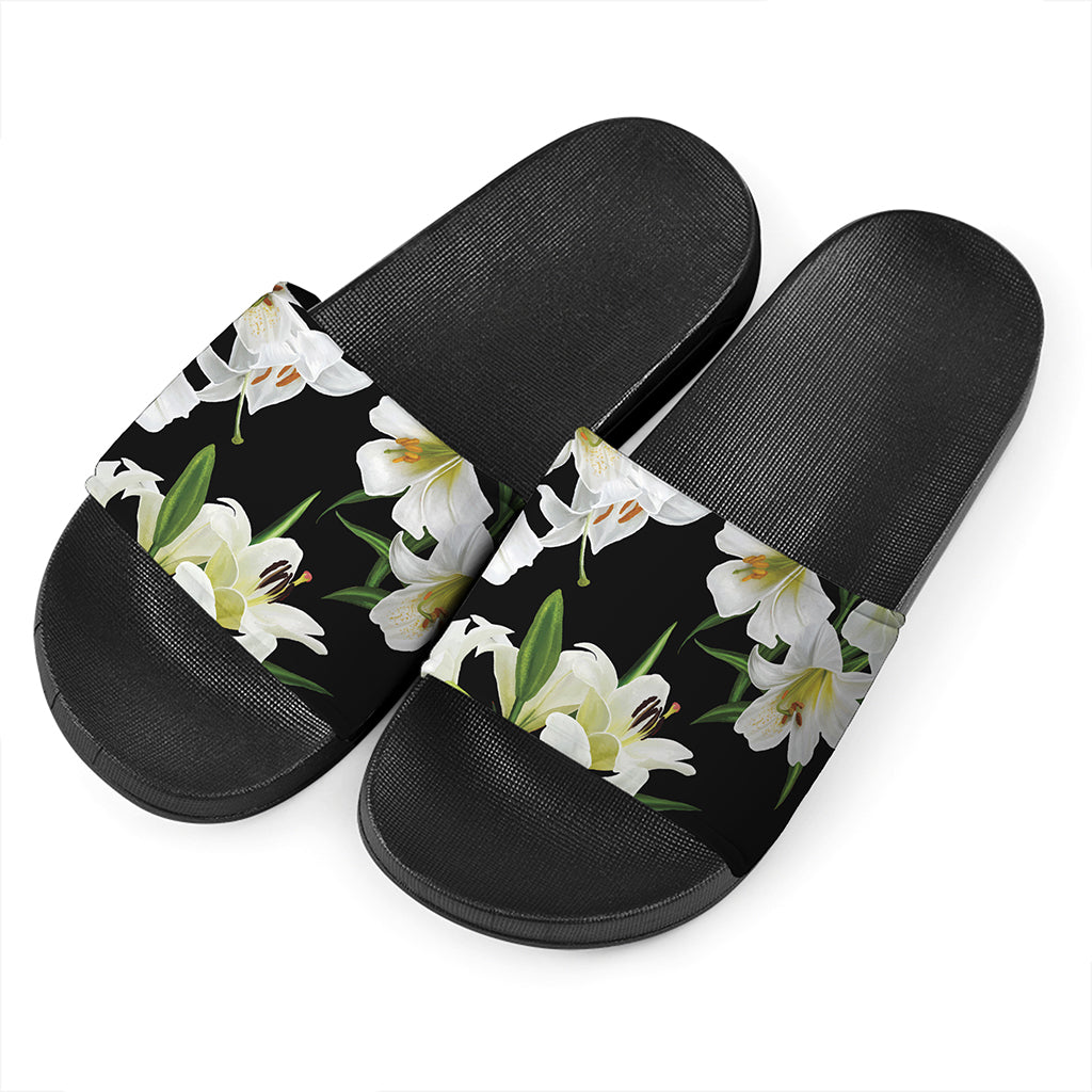 White Lily Print Black Slide Sandals