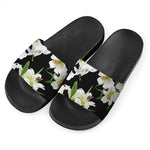 White Lily Print Black Slide Sandals