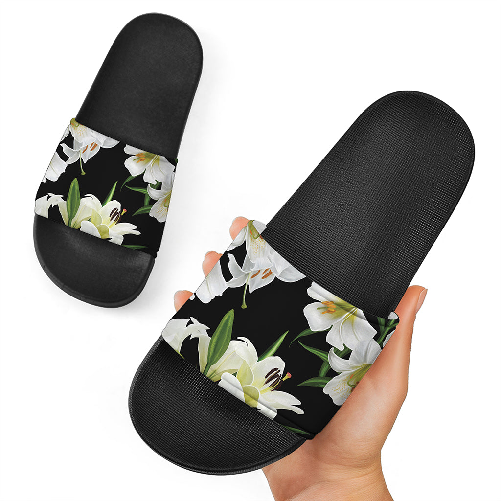 White Lily Print Black Slide Sandals