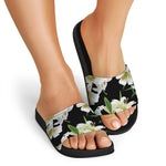 White Lily Print Black Slide Sandals