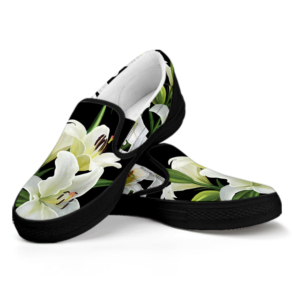 White Lily Print Black Slip On Shoes