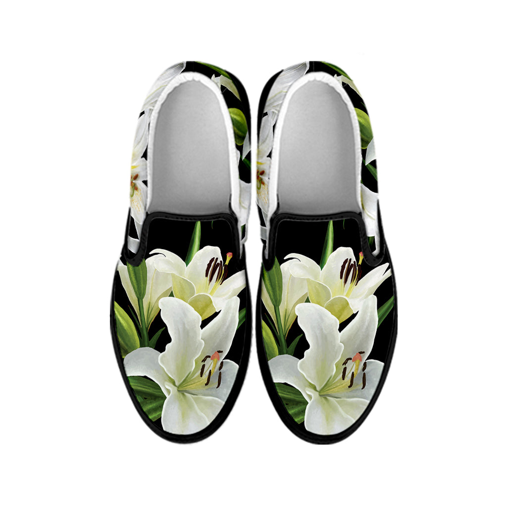 White Lily Print Black Slip On Shoes