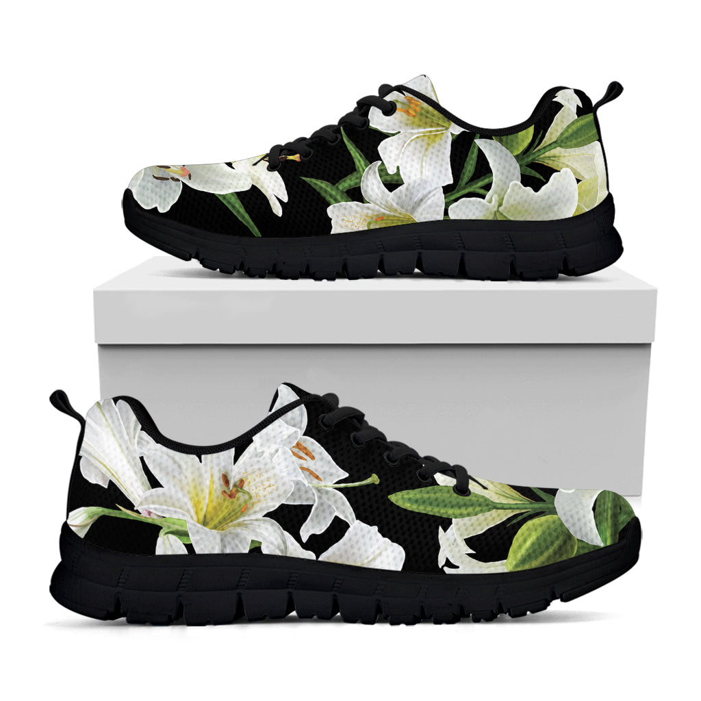 White Lily Print Black Sneakers