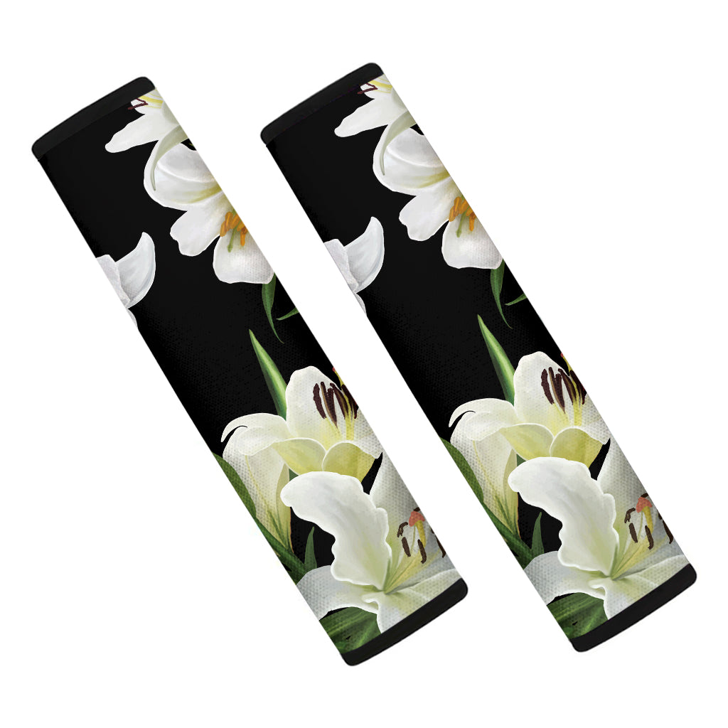 White Lily Print Car Seat Belt Covers