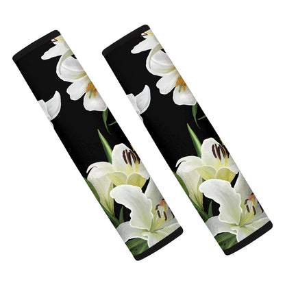 White Lily Print Car Seat Belt Covers