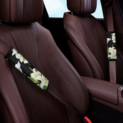 White Lily Print Car Seat Belt Covers
