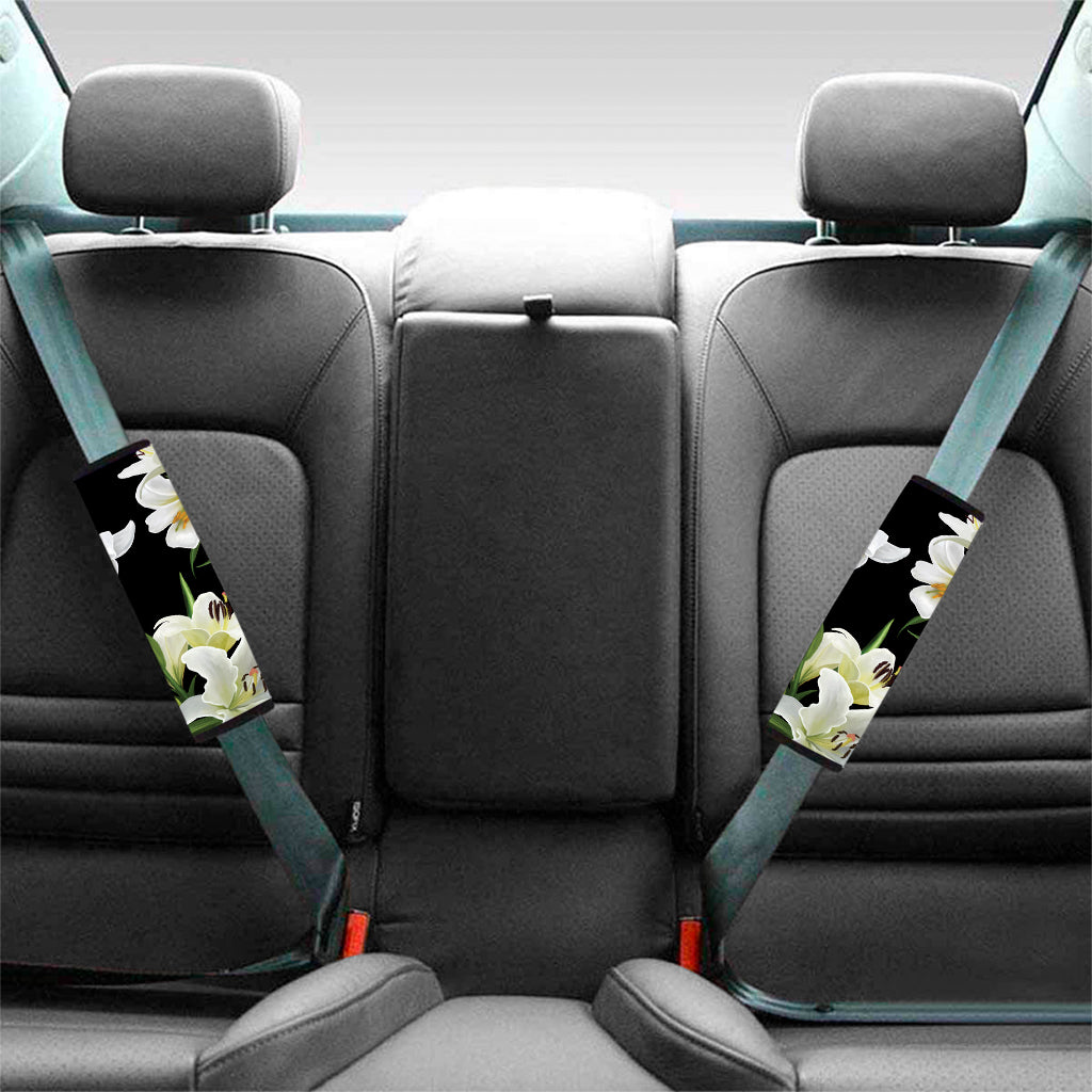 White Lily Print Car Seat Belt Covers