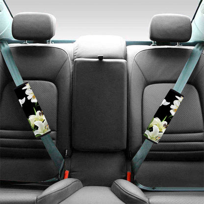 White Lily Print Car Seat Belt Covers