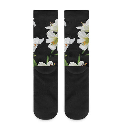 White Lily Print Crew Socks