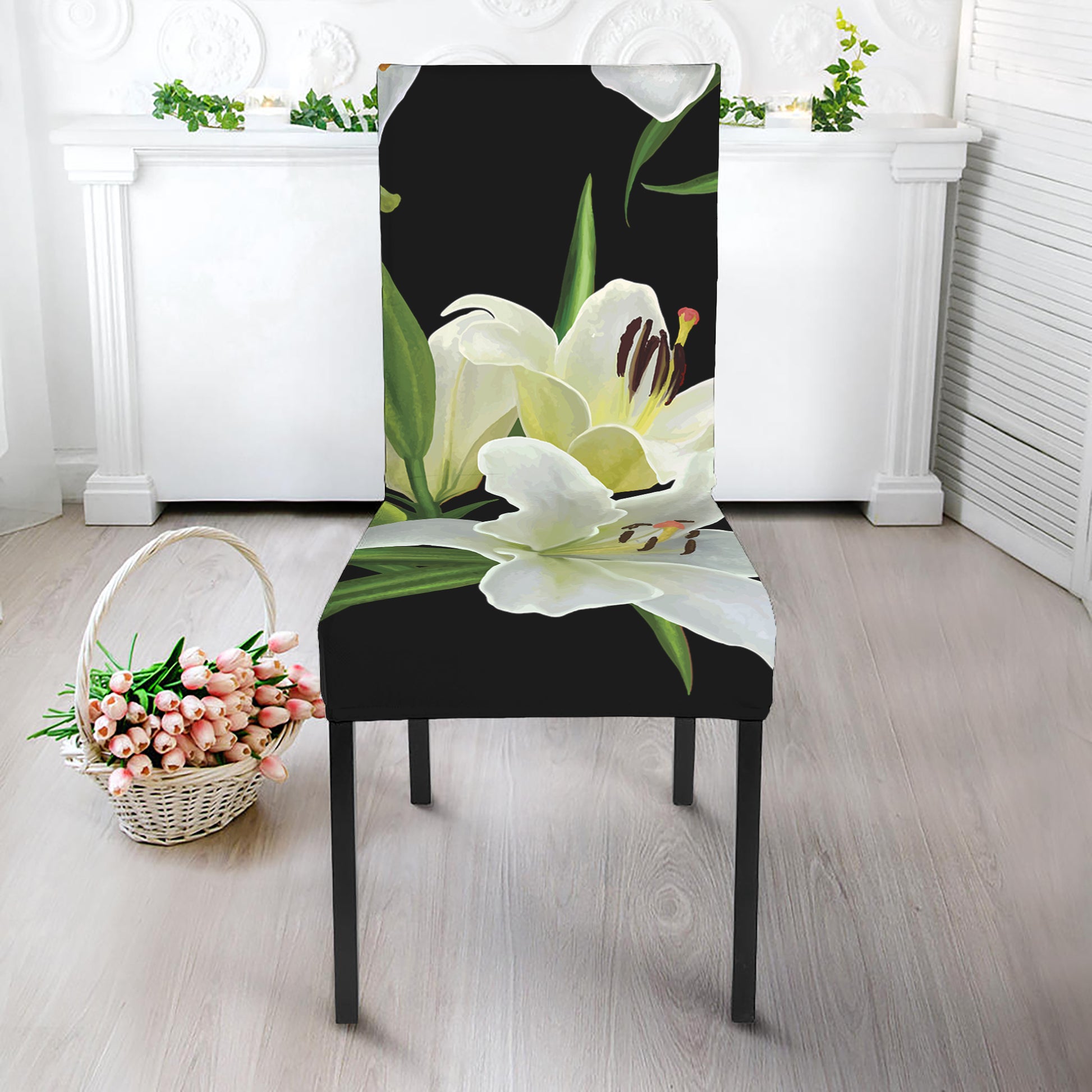 White Lily Print Dining Chair Slipcover