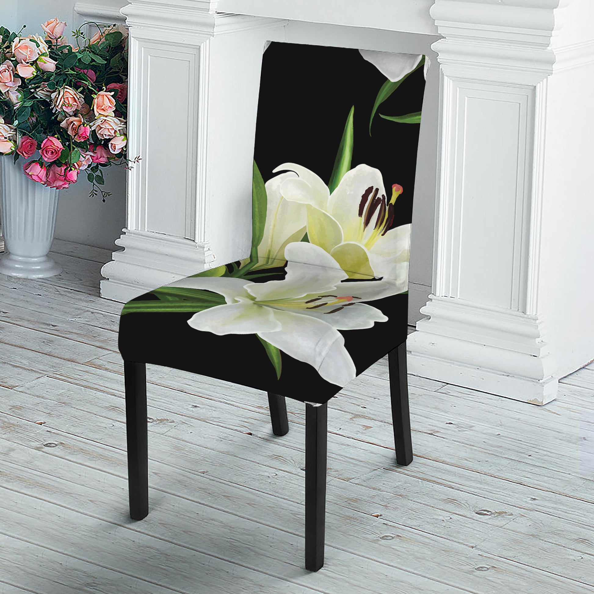 White Lily Print Dining Chair Slipcover