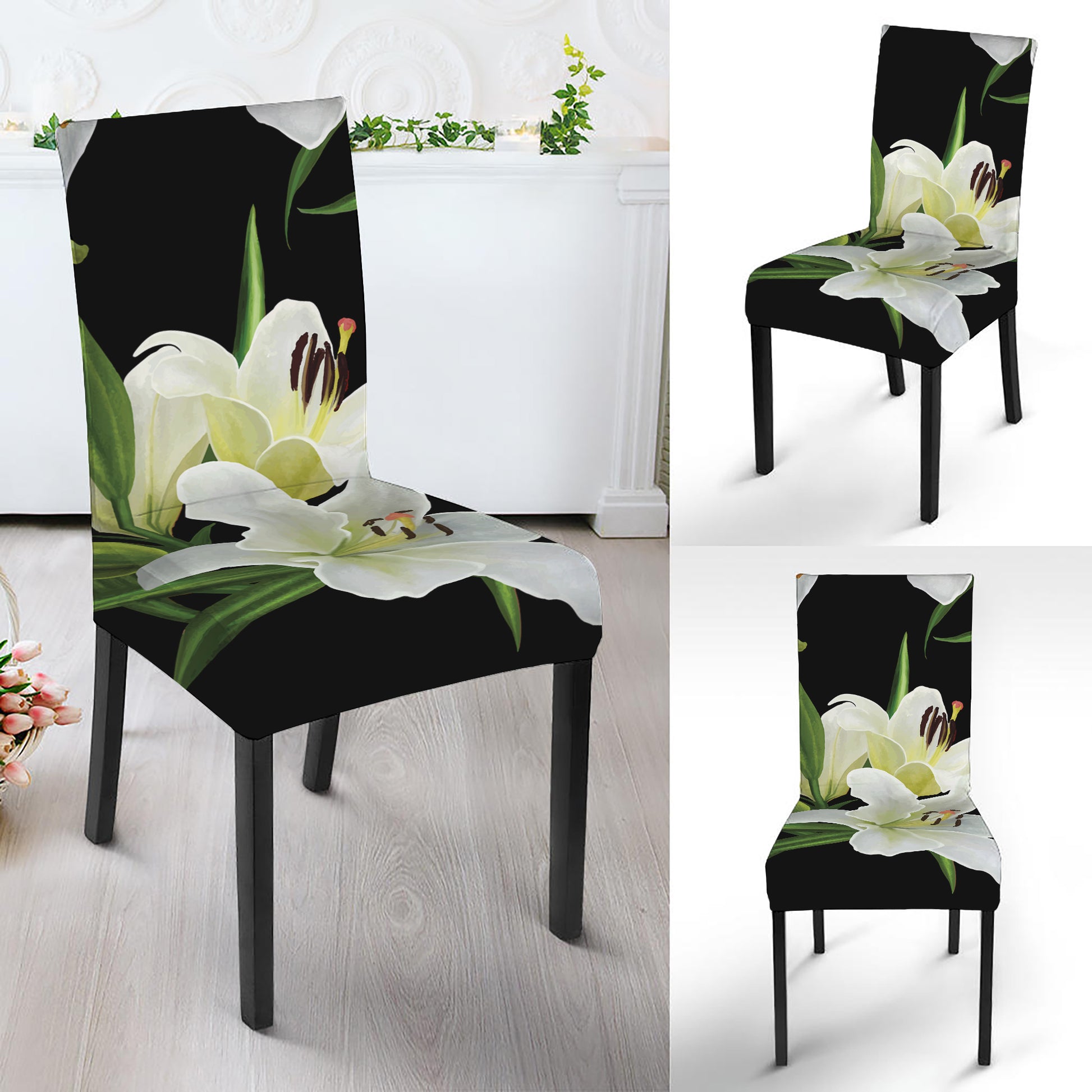 White Lily Print Dining Chair Slipcover