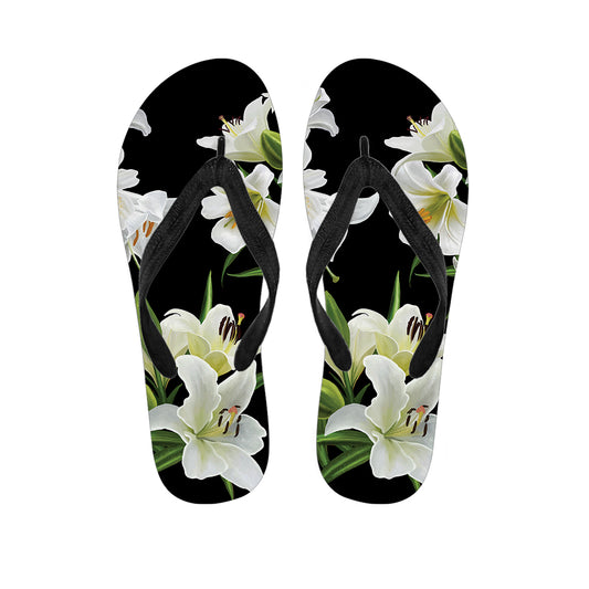 White Lily Print Flip Flops