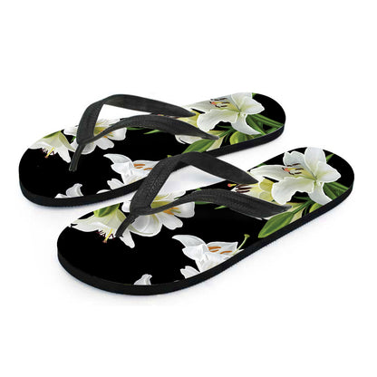 White Lily Print Flip Flops