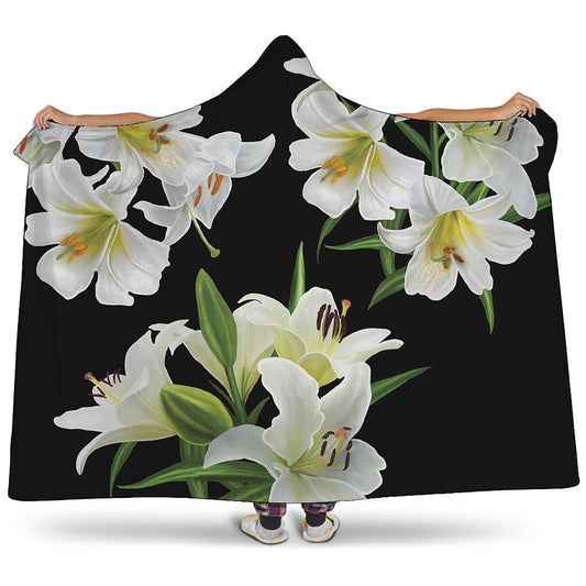White Lily Print Hooded Blanket