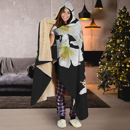 White Lily Print Hooded Blanket