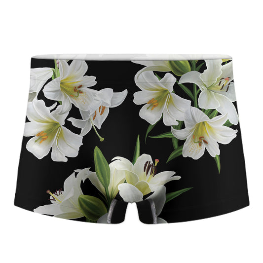White Lily Print Men's Boxer Briefs