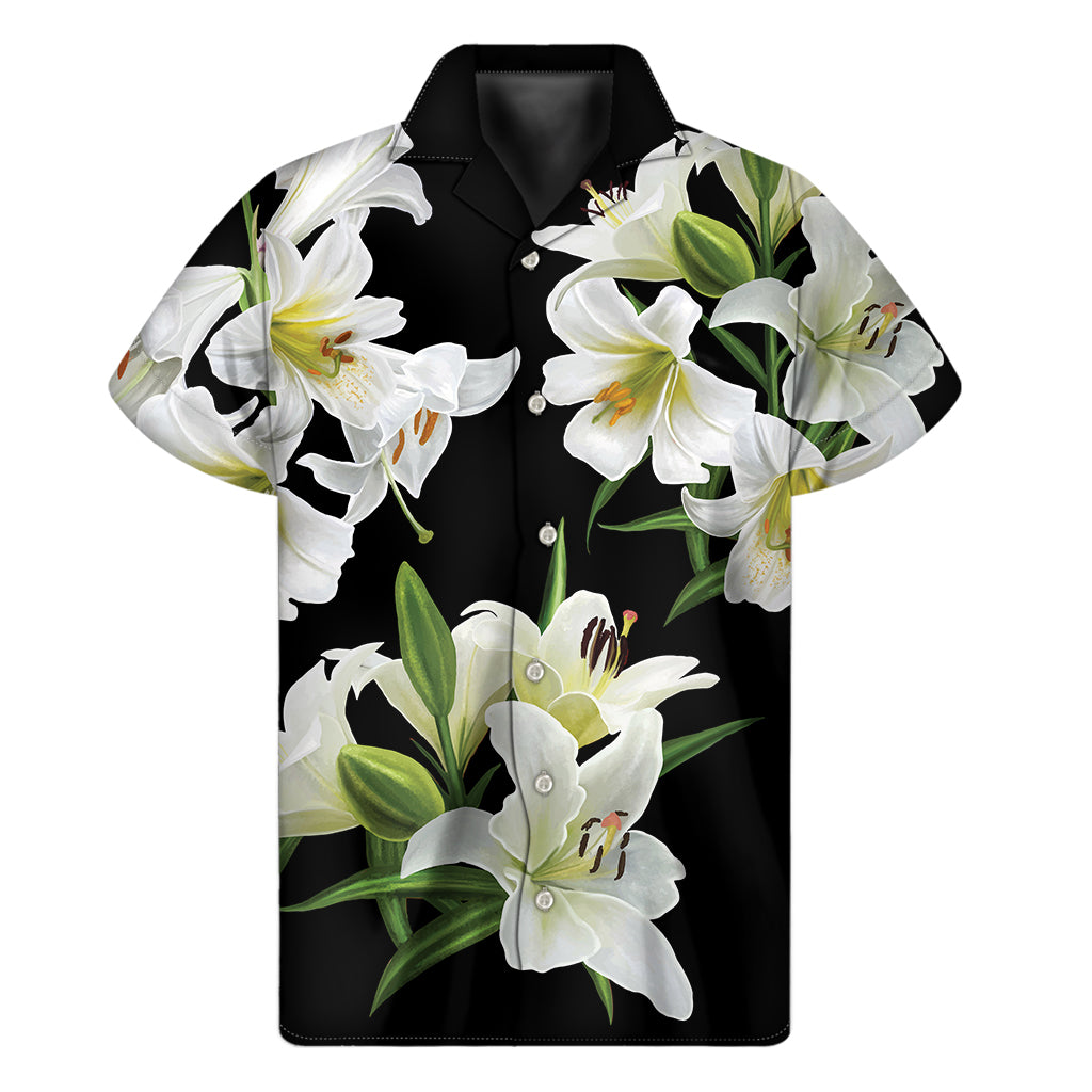 White Lily Print Men's Short Sleeve Shirt